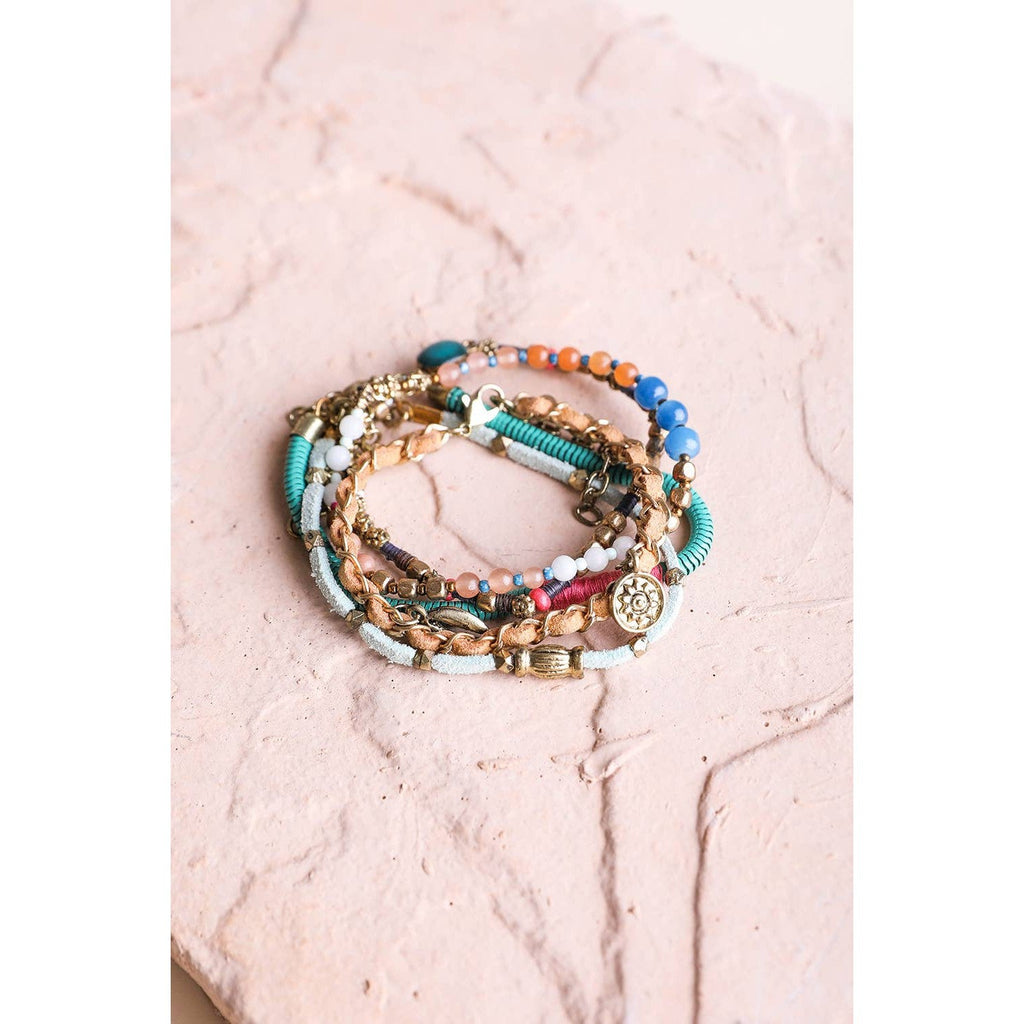 Teal Multi Suede Stack of 5 Bracelets | Boho Layering Jewelry